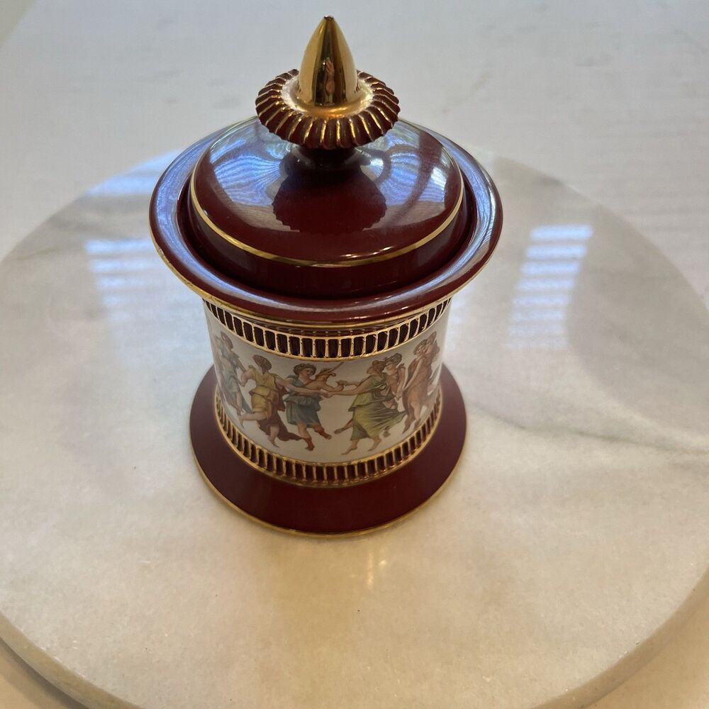 Italian Florentine Ceramic Vase Trinket With Lid  Burgundy Gold Ladies Dance SEE